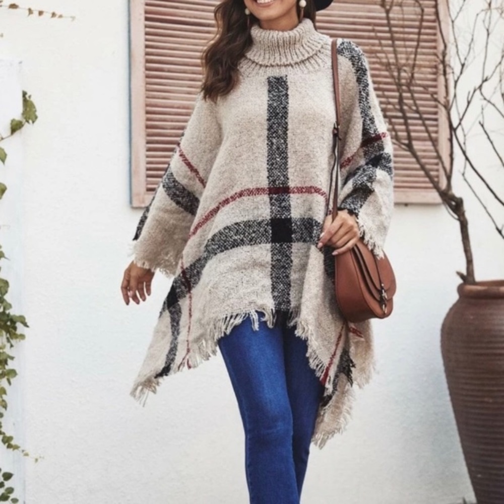 Plaid Turtleneck Fringe Women Poncho - Picture 1 of 5